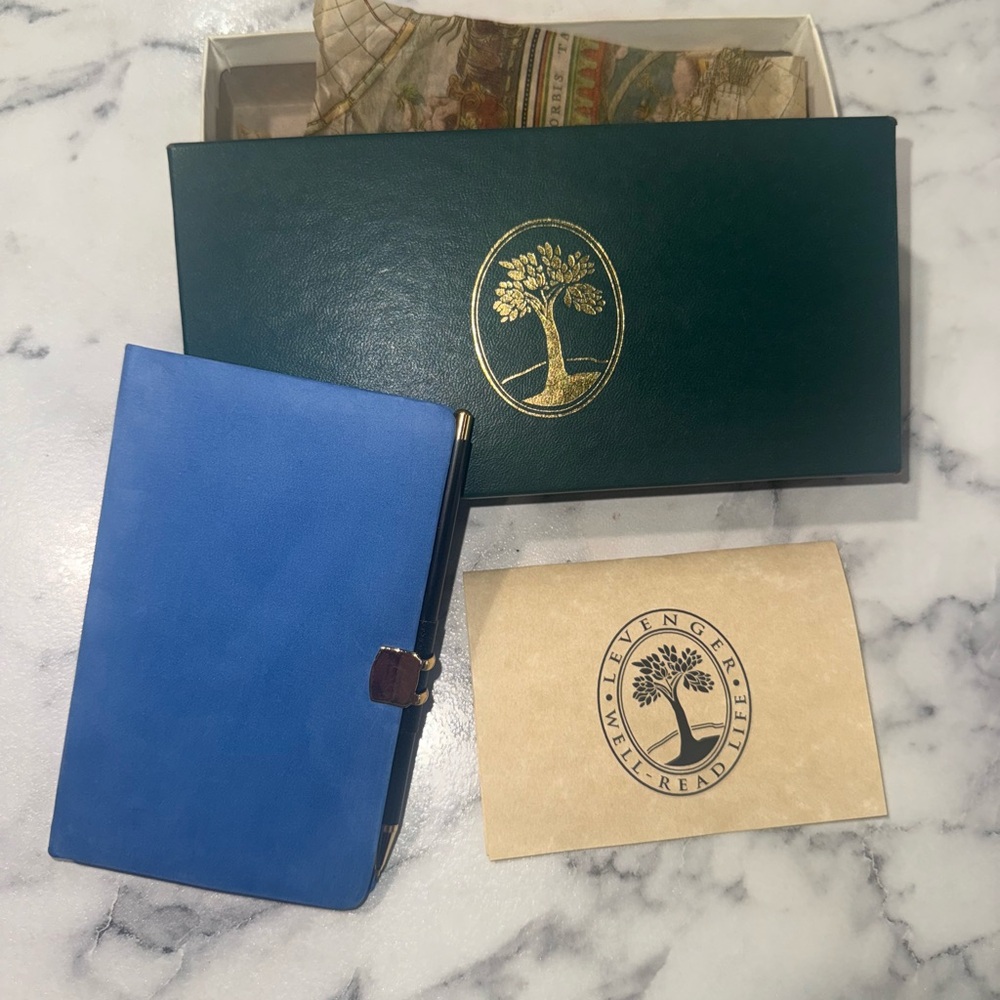 Levenger Blue Leather Pocket size Address Book with Pen and Box